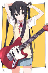  adjusting_hair arms_up black_hair blush bright_pupils brown_eyes cardigan closed_mouth commentary electric_guitar female fender_mustang grey_skirt guitar hair_between_eyes instrument ixy k-on! long_hair nakano_azusa neck_ribbon pleated_skirt red_ribbon ribbon sakuragaoka_high_school_uniform school_uniform shirt short_sleeves skirt solo summer_uniform thighs twintails tying tying_hair white_pupils white_shirt yellow_cardigan 