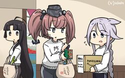  3girls ahoge alternate_costume amazon_(company) anchor_hair_ornament atlanta_(kancolle) black_hair black_headwear blue_eyes box braid brand_name_imitation brown_eyes brown_hair can cardboard_box clothes_writing commentary_request cowboy_shot dated earrings garrison_cap grey_eyes grey_hair grey_pants groceries hair_flaps hair_ornament hamu_koutarou hat highres jewelry kantai_collection long_hair long_sleeves mole mole_under_eye multiple_girls one-hour_drawing_challenge pants shouhou_(kancolle) single_braid spring_onion star_(symbol) star_earrings sweater track_pants translation_request two_side_up umikaze_(kancolle) umikaze_kai_ni_(kancolle) very_long_hair white_sweater 