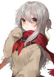  bad_id bad_pixiv_id beige_sweater black_sailor_collar black_shirt braid brown_eyes female french_braid grey_hair hair_between_eyes hand_up highres long_hair long_sleeves neckerchief noi_mine original parted_lips red_neckerchief red_ribbon red_scarf ribbon sailor_collar scarf school_uniform serafuku shirt simple_background sleeves_past_fingers sleeves_past_wrists solo upper_body white_background 