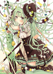  absurdres ahoge asymmetrical_legwear black_bow black_hat black_legwear black_ribbon black_skirt blush bow breasts brown_background closed_umbrella commentary covered_mouth female flower food frilled_skirt frills gloves gradient_background green_bow green_eyes green_hair green_legwear green_umbrella hair_ornament hair_ribbon hairclip hands_up hat highres ice_cream kneeling long_hair looking_at_viewer mint_chocolate mismatched_legwear original pennant personification puffy_short_sleeves puffy_sleeves ribbon sakura_oriko shirt short_sleeves skirt small_breasts solo string_of_flags thighhighs top_hat twintails umbrella very_long_hair white_background white_bow white_flower white_gloves white_shirt x_hair_ornament 