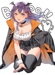  :d bat_wings black_cape black_choker black_skirt black_thighhighs breasts cape choker cleavage collarbone fangs fate/stay_night fate_(series) female full_body hair_ribbon head_wings highres kneeling large_breasts long_hair matou_sakura no_shoes orange_cape red_ribbon ribbon shimatori_(sanyyyy) skirt smile solo teeth thighhighs upper_teeth_only vampire white_background wings wrist_cuffs 