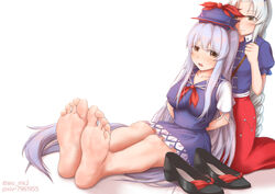  2girls aiou_akahiko asymmetrical_legwear barefoot black_footwear blue_hair blush closed_mouth commentary_request commission cross feet foot_focus hat hat_ribbon highres kamishirasawa_keine long_hair multiple_girls nurse_cap pixiv_commission pixiv_id puffy_short_sleeves puffy_sleeves red_cross red_eyes restrained ribbon shoes short_sleeves soles toes touhou twitter_username unworn_shoes white_hair yagokoro_eirin yuri 