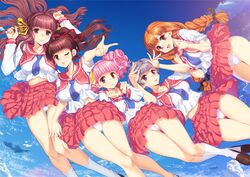  5girls absurdres arms_up blue_necktie blue_sky braid brown_eyes brown_footwear brown_hair doukyuusei drill_hair floating_hair freckles grey_hair hair_ribbon high_ponytail highres kurokawa_satomi loafers long_hair looking_at_viewer midriff_peek miniskirt multiple_girls navel necktie nishina_kurumi non-web_source official_art one_eye_closed open_mouth orange_eyes orange_hair outstretched_arm panties pantyshot photoshop_(medium) pink_hair pink_panties pink_skirt pleated_skirt purple_eyes red_eyes red_hair ribbon sailor_collar sakuragi_mai school_uniform shirt shoes short_hair short_sleeves skirt sky smile socks suzuki_miho tanaka_misa tongue tongue_out twin_braids twintails underwear white_panties wind wind_lift 