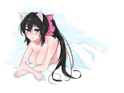  animal_ears areolae artist_request bakeneko black_hair blush bow breasts cat_ears cat_girl cleavage female hairbow large_breasts long_hair looking_at_viewer lying noihara_himari omamori_himari on_stomach open_mouth pink_bow ponytail purple_eyes solo third-party_source very_long_hair 