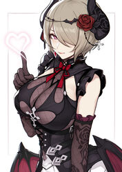  black_gloves breasts brown_hair cross demon_wings elbow_gloves evan_yang female fishnet_gloves fishnets flower frills gloves hair_flower hair_ornament hair_over_one_eye heart highres honkai_(series) honkai_impact_3rd looking_at_viewer navel purple_eyes red_eyes rita_rossweisse skirt smile wings 