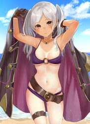  armpits arms_up belt belt_buckle bikini black_coat blue_sky blush breasts brown_eyes brown_gloves buckle cleavage closed_mouth cloud coat collarbone cowboy_shot day female fire_emblem fire_emblem_awakening fire_emblem_heroes gloves grey_hair haru_(nakajou-28) highres jewelry lens_flare long_hair looking_at_viewer medium_breasts navel necklace o-ring o-ring_bikini o-ring_top one-piece_tan open_clothes open_coat outdoors parted_bangs purple_bikini robin_(female)_(fire_emblem) robin_(female)_(summer)_(fire_emblem) robin_(fire_emblem) sky solo stomach swimsuit tan tanlines thigh_strap twintails underboob undressing 