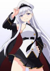  azur_lane belfast_(azur_lane) black_necktie black_skirt braid breasts chinese_commentary commentary_request cosplay cowboy_shot enterprise_(azur_lane) enterprise_(azur_lane)_(cosplay) female french_braid gradient_background hand_on_headwear hand_on_own_hip hat highres large_breasts lemon_kele long_hair necktie off_shoulder partial_commentary pleated_skirt shirt skirt sleeveless sleeveless_shirt white_hair 