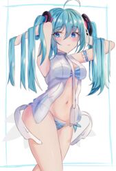  ahoge aqua_hair arm_behind_head arm_garter arms_up bikini blue_eyes blush breasts commentary detached_sleeves female hair_between_eyes hatsune_miku highres large_breasts long_hair navel open_clothes open_shirt panipo see-through shirt side-tie_bikini_bottom solo standing striped_bikini striped_clothes swimsuit thighs twintails vocaloid white_background white_shirt 