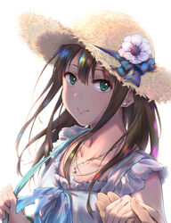  anemone_(flower) black_hair blue_bow bow bracelet clip_studio_paint_(medium) collarbone commentary_request dress earrings female flower green_eyes hat hat_bow hat_flower highres holding_hands idolmaster idolmaster_cinderella_girls jewelry long_hair looking_at_viewer necklace out_of_frame partial_commentary pov pov_hands sanada_(tony2035176) shibuya_rin simple_background smile solo_focus star_(symbol) star_necklace straw_hat stud_earrings sun_hat white_flower 