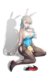  :p absurdres animal_ears aqua_bow aqua_bowtie aqua_eyes aqua_leotard asuna_(blue_archive) asuna_(bunny)_(blue_archive) baige0 bare_shoulders between_legs bird blonde_hair blue_archive bow bowtie breasts chick chinese_commentary cleavage collarbone colored_shoe_interior commentary_request covered_navel detached_collar eyes_visible_through_hair fake_animal_ears female full_body gloves headband heel_pop high_heels highleg highleg_leotard highres legs leotard licking licking_finger long_hair looking_at_viewer manjuu_(azur_lane) official_alternate_costume pantyhose parted_bangs playboy_bunny rabbit_ears resting seiza shadow shoe_dangle shoes sideboob simple_background sitting solo strapless strapless_leotard thighband_pantyhose thighs tongue tongue_out torn_clothes torn_pantyhose traditional_bowtie unworn_shoes white_background white_gloves white_headband 