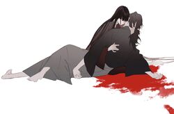  1boy barefoot black_hair black_kimono blood blood_splatter blunt_bangs death empty_eyes facing_away fate/grand_order fate_(series) female full_body grey_hakama hakama highres hug japanese_clothes kimono long_hair low_ponytail oryou_(fate) parted_lips red_eyes red_kimono sakamoto_ryouma_(fate) simple_background white_background ziege113 