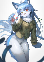  :3 absurdres ahoge animal_ear_fluff animal_ears blue_hair blunt_bangs blush bottomless breasts camouflage camouflage_jacket camouflage_shirt cat_ears fangs female forked_tail fur_collar furry furry_female hakusyokuto heterochromia highres jacket japan_air_self-defense_force japan_air_self-defense_force_omaezaki_sub-base japan_self-defense_force large_breasts long_hair military multicolored_hair omaneko open_mouth red_eyes shirt solo streaked_hair tail white_hair yellow_eyes 