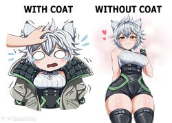  animal_ears arm_behind_back blank_eyes blush breasts canadiananiguy cat_ears cat_girl chest_jewel clothing_cutout core_crystal_(xenoblade) crystal diamond_cutout female fingerless_gloves gloves headpat heart high-waist_shorts index_finger_raised large_breasts looking_at_viewer messy_hair na&#039;el_(xenoblade) romper short_hair short_shorts shorts simple_background smile solo tears thighhighs thighs wide_hips xenoblade_chronicles_(series) xenoblade_chronicles_3 xenoblade_chronicles_3:_future_redeemed yellow_eyes 