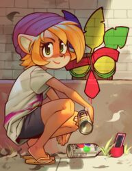  aku_aku alternate_hair_length alternate_hairstyle animal_ears beanie bike_shorts body_fur cellphone closed_mouth coco_bandicoot commentary crash_(series) day english_commentary female flip-flops from_side full_body furry furry_female graffiti grass green_eyes happy hat jaggy_lines kilroy_was_here leaf looking_at_viewer outdoors phone purple_hat sandals shirt short_hair short_sleeves smile solo spray_can spray_paint squatting wamudraws white_shirt yellow_footwear 