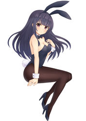  animal_ears black_bow black_bowtie black_footwear black_hair black_leotard black_pantyhose blunt_bangs bow bowtie breasts brown_eyes cleavage detached_collar female full_body furutori high_heels highres invisible_chair leotard long_hair looking_at_viewer medium_breasts original pantyhose playboy_bunny rabbit_ears rabbit_tail simple_background sitting solo strapless strapless_leotard tail white_background wrist_cuffs 