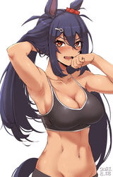  abs absurdres animal_ears arm_up armpit_focus armpits black_hair black_sports_bra blush breasts brown_eyes cleavage collarbone commentary dark-skinned_female dark_skin dated female hair_ornament hairclip highres hishi_amazon_(umamusume) horse_ears horse_girl horse_tail large_breasts lips long_hair looking_at_viewer navel oerba_yun_fang open_mouth solo sports_bra sumiosmith sweat tail umamusume underwear 