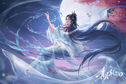  absurdres bare_shoulders black_hair blue_eyes dress earrings female floating_hair hair_bun hair_ornament highres jewelry koi long_hair moon night night_sky parted_lips second-party_source sitting_on_liquid sky solo teeth wanmei_shijie water white_dress yue_chan_(wanmei_shijie) zhi_xi_zx 