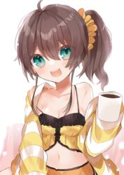  :d absurdres ahoge bad_id bad_pixiv_id bare_shoulders blush breasts brown_hair cleavage commentary female green_eyes hair_ornament hair_scrunchie highres hololive jacket looking_at_viewer medium_hair midriff natsuiro_matsuri natsuiro_matsuri_(matsuri&#039;s_day_off) navel noi_mine official_alternate_costume scrunchie side_ponytail simple_background skirt small_breasts smile solo symbol-only_commentary virtual_youtuber white_background yellow_jacket yellow_skirt 