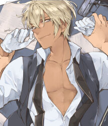  1boy amuro_tooru artist_name black_vest blonde_hair collarbone dreaming182 gloves grey_background gun highres lying meitantei_conan necktie on_back paper partially_unbuttoned shirt smile toned toned_male undone_necktie vest weapon white_gloves white_shirt 