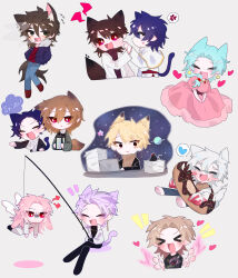  &gt;_&lt; 6+boys :d absurdres anger_vein animal_ears ascot atou_haruki black_eyes black_pants black_shirt black_sweater black_vest blonde_hair blood blood_on_clothes blue_hair blue_jacket blue_pants blush_stickers brown_hair brown_shirt brown_sweater capelet cat_boy cat_ears cat_girl cat_tail character_print closed_eyes collared_shirt commentary_request dark_blue_hair deformed dita_iliner dog_boy dog_ears dress earrings enomoto_noa female fishing_rod fox_boy fox_ears fox_tail fur-trimmed_jacket fur_trim godzylla_(saibou_shinkyoku) gold_trim green_jacket grey_background hair_bobbles hair_ornament harada_minoru harada_mutei hatsutori_hajime heart heart_necklace highres hikyaku_same holding holding_fishing_rod isoi_reiji jacket jewelry kanou_aogu kemonomimi_mode light_blue_hair long_hair lop_rabbit_ears male_focus medium_hair meme multiple_boys necklace notice_lines open_clothes open_jacket open_mouth pants paper_stack parted_bangs pink_dress pink_hair print_shirt puffy_short_sleeves puffy_sleeves purple_hair rabbit_boy rabbit_ears red_eyes red_shirt ribbed_sweater saibou_shinkyoku shinano_eiji shirt short_sleeves simple_background single_blush_sticker smile smoking space_cat_(meme) spoken_anger_vein star_(sky) star_(symbol) star_earrings sweater tail theodore_riddle translation_request turtleneck turtleneck_sweater utsugi_noriyuki utsugi_rangiri vest white_ascot white_capelet white_hair white_jacket white_pants white_shirt white_wings wings 