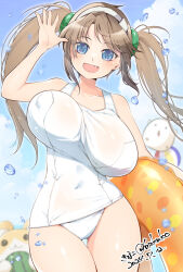  :d animal animal_ears artist_name ass_visible_through_thighs ball beachball bird blue_eyes blue_sky blush bouncing_breasts breasts brown_hair chicken cleavage cloud collarbone covered_navel covered_nipples cowboy_shot dated day female food fruit hamster hamster_ears highres holding holding_ball holding_beachball holding_swim_ring holding_watermelon horizon innertube kinako_(mzknk0) large_breasts long_hair looking_at_viewer male_chicken minori_(senran_kagura) ocean oerba_yun_fang one-piece_swimsuit open_mouth orange_innertube outdoors polka_dot_innertube ring_hair_ornament school_swimsuit senran_kagura senran_kagura_shinovi_versus shiny_skin signature sky smile solo standing swim_ring swimsuit thigh_gap tongue twintails twitter_username water water_drop watermelon waving wet wet_clothes wet_swimsuit white_one-piece_swimsuit 