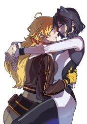  2girls ahoge animal_ears black_hair blake_belladonna blonde_hair cat_ears couple eye_contact highres hug looking_at_another mechanical_arms mtdykxkxzzy multiple_girls orange_scarf purple_eyes rwby scarf simple_background single_mechanical_arm smile yang_xiao_long yellow_eyes yuri 