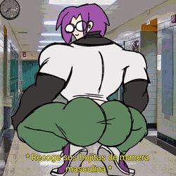  1boy 2021 anhikylator ass bara broly_culo character_request clock clothed clothed_male copyright_request gay glasses green_pants high_school light-skinned_male light_skin male male_only meme muscular muscular_male purple_hair screencap_background short_hair short_hair_male smiling solo spanish_text text translation_request yaoi 