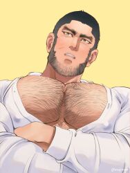  1boy bara black_hair chest_hair crossed_arms facial_hair golden_kamuy large_pectorals long_sideburns male_focus mature_male muscular muscular_male nopinzo pectorals scar scar_on_cheek scar_on_face shirt short_hair sideburns simple_background solo tanigaki_genjirou thick_eyebrows white_shirt yellow_background 