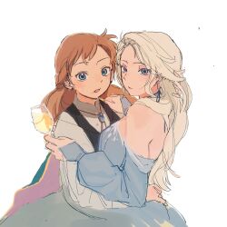  2girls after_kiss anna_(frozen) bare_shoulders black_vest blonde_hair blue_dress blue_eyes champagne_flute commentary_request cup dress drink drinking_glass earrings elsa_(frozen) freckles frozen_(disney) frozen_1022 hand_in_another&#039;s_hair hand_on_another&#039;s_shoulder hand_on_another&#039;s_waist highres holding holding_drink incest jewelry korean_commentary lipstick long_hair looking_at_viewer makeup multiple_girls off-shoulder_dress off_shoulder orange_hair saliva shirt siblings simple_background sisters smeared_lipstick vest white_background white_shirt yuri 