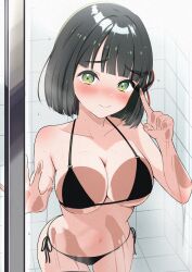  absurdres against_glass bikini black_bikini black_hair blush breast_press breasts breasts_on_glass drawn_heart embarrassed female glass_writing green_eyes highres indoors large_breasts link!_like!_love_live! looking_at_viewer love_live! medium_hair micro_bikini momose_ginko navel nose_blush shower_(place) side-tie_bikini_bottom swimsuit wet zanpon 