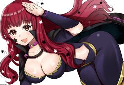  :d bodysuit breasts choker cleavage female fire_emblem fire_emblem_engage large_breasts long_hair looking_at_viewer open_mouth otokajife pink_choker purple_bodysuit red_hair simple_background smile solo thighs white_background yunaka_(fire_emblem) 