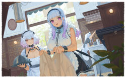  3girls ame_(2453323719) anchor_choker apron azur_lane bare_shoulders black_dress black_hairband black_skirt blue_hair breasts ceiling_light center_frills choker cleavage clock clothing_cutout coat collarbone cowboy_shot dido_(azur_lane) drawer dress dutch_angle earrings framed_breasts frilled_choker frills from_side gradient_hair hair_between_eyes hairband heart heart_earrings hermione_(azur_lane) highres holding holding_clothes holding_coat holding_tray huge_breasts indoors jewelry kitchen lace-trimmed_hairband lace_trim lamp large_breasts leaning_forward long_hair looking_at_viewer maid_apron maid_headdress multicolored_hair multiple_girls open_mouth orange_eyes puffy_short_sleeves puffy_sleeves purple_eyes purple_hair reaching short_hair short_sleeves sideboob sirius_(azur_lane) skirt sleeveless tray underboob underboob_cutout waist_apron wall_clock white_apron white_hair 