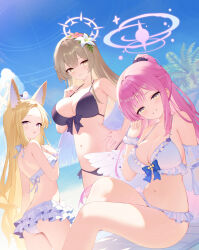  3girls absurdres alternate_costume animal_ears ass bikini black_bikini blonde_hair blue_archive blue_sky breasts brown_eyes brown_hair chinese_commentary cloud cloudy_sky commentary day fox_ears fox_girl frilled_bikini frills halo highres large_breasts mika_(blue_archive) multiple_girls multiple_views nagisa_(blue_archive) navel ocean pink_hair pink_halo seia_(blue_archive) shan_far sky swimsuit tea_party_(blue_archive) white_bikini white_halo yellow_eyes yellow_halo 