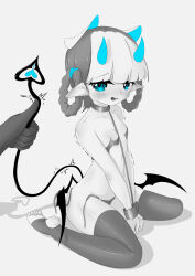  1other absurdres animal_ears bambinata_(punishing:_gray_raven) blue_eyes blue_horns braided_hair_rings cat_ears collar demon_horns demon_tail demon_wings fake_animal_ears female heart heart-shaped_pupils highres horns multicolored_hair open_mouth pointy_ears punishing:_gray_raven revealing_clothes sweatdrop symbol-shaped_pupils tail thighhighs two-tone_hair user_xhhh3553 wings 