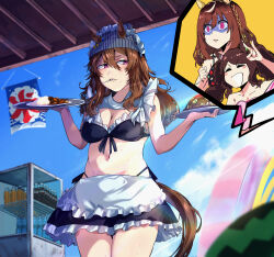  3girls absurdres alternate_costume annoyed beanie bikini breasts brown_hair buena_vista_(umamusume) cleavage clenched_hand closed_eyes closed_mouth collarbone curry curry_rice food hair_ornament hat headband highres holding horse_girl jichou_senshi long_hair looking_at_viewer maid maid_bikini medium_breasts multiple_girls nakayama_festa_(umamusume) navel purple_eyes rice shaded_face sky swimsuit tosen_jordan_(umamusume) tray twintails umamusume unconventional_maid 