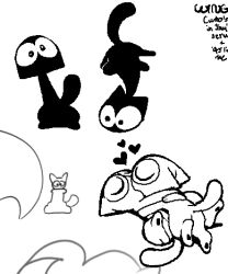  ambiguous_gender anthro closed_eyes domestic_cat felid feline felis floating group heart_symbol jaquin_s kissing looking_at_viewer looking_down low_res lying mammal monochrome on_back on_top plunky_(jaquin_s) raised_tail shadow_creature standing tail text wide_eyed 