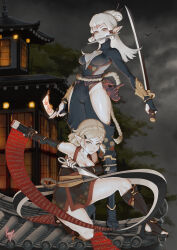  2girls alternate_costume aqua_eyes black_kimono blonde_hair breasts brown_eyes cleavage colon_br fishnets hair_ornament hair_stick hairclip highres hip_vent holding holding_sword holding_weapon japanese_clothes katana kimono knife_in_mouth kumanz kunai long_hair looking_at_viewer mask medium_breasts multiple_girls ninja ofuda on_one_knee oni_mask paya_(zelda) pointy_ears princess_zelda scroll short_kimono sword the_legend_of_zelda the_legend_of_zelda:_breath_of_the_wild vambraces weapon white_hair 