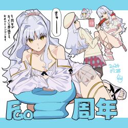  absurdres bare_shoulders caren_hortensia caren_hortensia_(amor_caren) caren_hortensia_(amor_caren)_(first_ascension) caren_hortensia_(hot_springs_table_tennis) chibi collarbone commentary_request dated fate/grand_order fate_(series) female flag hair_ornament hair_scrunchie hat heart highres holding holding_flag holding_paddle long_hair long_sleeves looking_at_viewer multiple_views noko_morokoshi paddle plaid_clothes plaid_skirt pleated_skirt ponytail red_scrunchie sandals scrunchie skirt slippers smile table_tennis_paddle translation_request wavy_hair white_hair yellow_eyes 