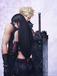  1boy arm_guards armor artist_name bare_shoulders black_gloves black_hair black_skirt blonde_hair blood blood_on_face breasts closed_eyes closed_mouth cloud_strife commentary cowboy_shot crop_top earrings elbow_gloves female final_fantasy final_fantasy_vii final_fantasy_vii_remake from_behind gloves head_on_another&#039;s_shoulder highres huge_weapon injury jewelry long_hair low-tied_long_hair materia medium_breasts midriff planted planted_sword profile ribbed_sweater scar scar_on_arm short_hair shoulder_armor signature single_bare_shoulder single_earring skirt sleeveless sleeveless_turtleneck spiked_hair sweater sword tank_top tifa_lockhart tommy_worthington turtleneck turtleneck_sweater very_long_hair weapon white_tank_top 