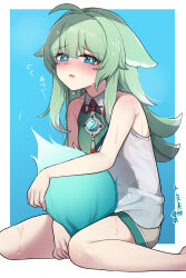  absurdres ahoge animal_ears bare_arms bare_legs bare_shoulders blue_eyes blush female fox_ears fox_tail green_hair highres honkai:_star_rail honkai_(series) huohuo_(honkai:_star_rail) long_hair looking_at_viewer no_headwear paingumi parted_lips shirt sitting sleeveless sleeveless_shirt solo tail wariza 