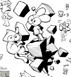  ambiguous_gender anthro block closed_eyes cube_(object) domestic_cat felid feline felis floating gameplay_mechanics group half-closed_eyes hug hugging_object hugging_pillow jaquin_s lagomorph leporid life_(gaming) looking_at_viewer looking_forward looking_up mammal monochrome multiple_poses narrowed_eyes pawpads pillow plunky_(jaquin_s) pose rabbit sleeping solo standing tail text wide_eyed 