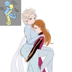  2girls :3 anna_(frozen) between_breasts blonde_hair blue_dress blue_eyes blue_pantyhose blush breasts carrying carrying_person closed_mouth coat commentary_request dress elsa_(frozen) face_between_breasts freckles frozen_(disney) frozen_1022 half_up_braid hand_on_another&#039;s_ass hand_on_another&#039;s_shoulder head_between_breasts highres korean_commentary long_hair long_sleeves multiple_girls orange_hair pantyhose pink_coat reference_inset siblings simple_background sisters smile sweatdrop white_background yuri 