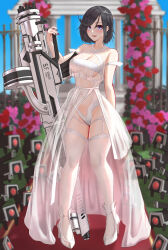  black_hair blue_eyes blush breasts dinergate_(girls&#039;_frontline) dress earrings flower girls&#039;_frontline gun highres holding holding_gun holding_weapon intruder_(girls&#039;_frontline) jewelry looking_at_viewer navel pink_flower pink_rose popoman red_flower red_rose rose sangvis_ferri see-through short_hair smile underboob weapon wedding_dress 