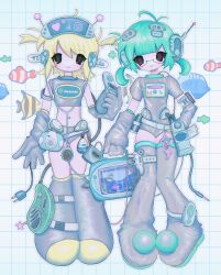  2000s_(style) 2girls :3 ahoge antenna_hair aqua_hair aqua_mouse battery belt blonde_hair blush boots cable camera cd_player cellphone charm_(object) closed_mouth clothes_writing clownfish commentary computer_mouse crop_top cursor cyber_fashion digital_walkman dolphin earphones elbow_gloves fish flat_chest flip_phone frutiger_aero full_body glasses gloves grey_footwear grey_gloves grey_leotard grey_shirt grey_shorts grid_background hand_on_own_hip hand_up headset highres holding holding_phone leotard looking_at_viewer low_twintails midriff multiple_girls navel_piercing object_request original phone piercing puffy_short_sleeves puffy_sleeves r_m_c_3 shirt short_hair short_shorts short_sleeves short_twintails shorts smile standing star_(symbol) symbol-only_commentary thigh_boots twintails two_side_up walkman white_belt y2k_(fashion) 