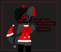  accessory anthro bell christmas christmas_clothing clothing digital_media_(artwork) dog_brained english_text female hair hi_res holidays humanoid machine paws protogen raised_paw red_eyes simple_background solo text 