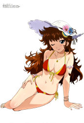  absurdres arm_support bikini blue_eyes blush bracelet breasts brown_hair cleavage collarbone female flower hat hat_flower highres jewelry kikuya_megane long_hair magazine_scan maria_grace_fleed mazinger_(series) megami_magazine necklace official_art one_eye_closed red_bikini robot scan side-tie_bikini_bottom simple_background sitting small_breasts smile solo sun_hat swimsuit ufo_robo_grendizer white_background 