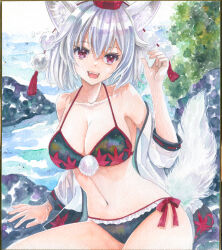  animal_ears arm_support bikini black_bikini breasts bush cleavage collarbone day female grey_hair hajike_akira hat highres inubashiri_momiji lake long_sleeves looking_at_viewer medium_breasts navel off_shoulder open_clothes open_shirt outdoors pom_pom_(clothes) red_bikini red_eyes red_hat rock side-tie_bikini_bottom sitting solo stomach swimsuit tail tassel tokin_hat touhou traditional_media water white_tail wolf_ears wolf_tail 