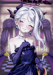  1boy :d bare_shoulders blue_archive blurry bow checkered_floor collarbone commentary crescent_print curtains dangle_earrings demon_girl demon_horns demon_wings depth_of_field dress earrings english_commentary female gloves hair_ribbon hairbow hakase_(lolitagallery) halo head_tilt highres hina_(blue_archive) hina_(dress)_(blue_archive) holding_hands horns jewelry long_hair looking_at_viewer necklace official_alternate_costume official_alternate_hairstyle parted_bangs parted_lips pearl_necklace pendant ponytail pov pov_hands purple_dress purple_eyes purple_gloves ribbon sensei_(blue_archive) sidelocks sleeves_past_elbows smile starry_sky_print strapless strapless_dress wavy_hair white_hair wings 