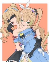  2girls bare_shoulders bite_mark bite_mark_on_neck black_dress blindfold blonde_hair blue_dress blush bow collarbone dress elbow_gloves girls&#039;_frontline girls&#039;_frontline_2:_exilium gloves green_eyes hair_ornament highres multiple_girls official_alternate_costume sharkry_(girls&#039;_frontline_2) side_ponytail tongue tongue_out vepley_(girls&#039;_frontline_2) yuri 