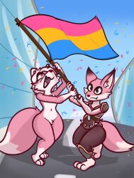  3_toes anthro arturfox canid canine clothing duo feet fox hi_res lgbt_pride lgbt_pride_month male mammal navel pink_body pink_eyes tail toes white_body 